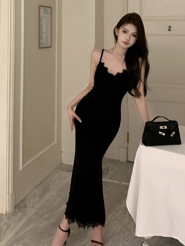Lace Knitted Dress Slim Fit Wrapped Hip Long Dress